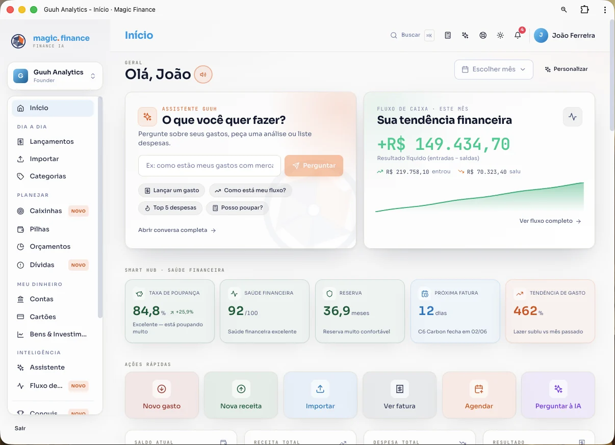 Dashboard do Magic Finance com saldo, tendência financeira e ações rápidas